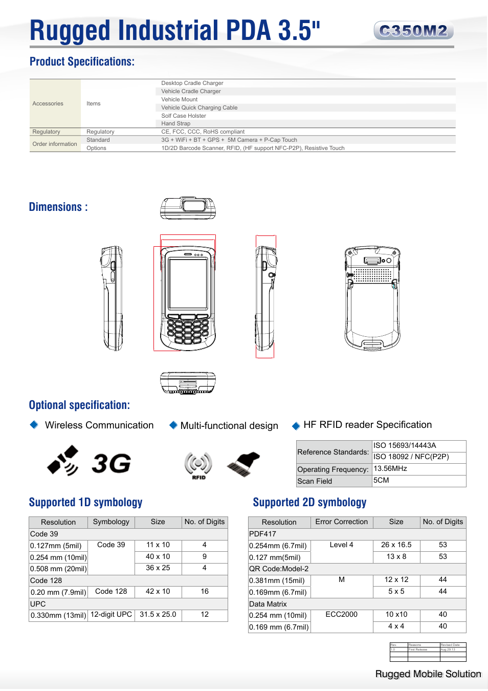 Rugged industrial pda 3.5, Dimensions, Product specifications | Optional specification, Supported 1d symbology, Supported 2d symbology, Rugged mobile solution, Hf rfid reader specification, Wireless communication multi-functional design | Impulse C350M2 User Manual | Page 2 / 2