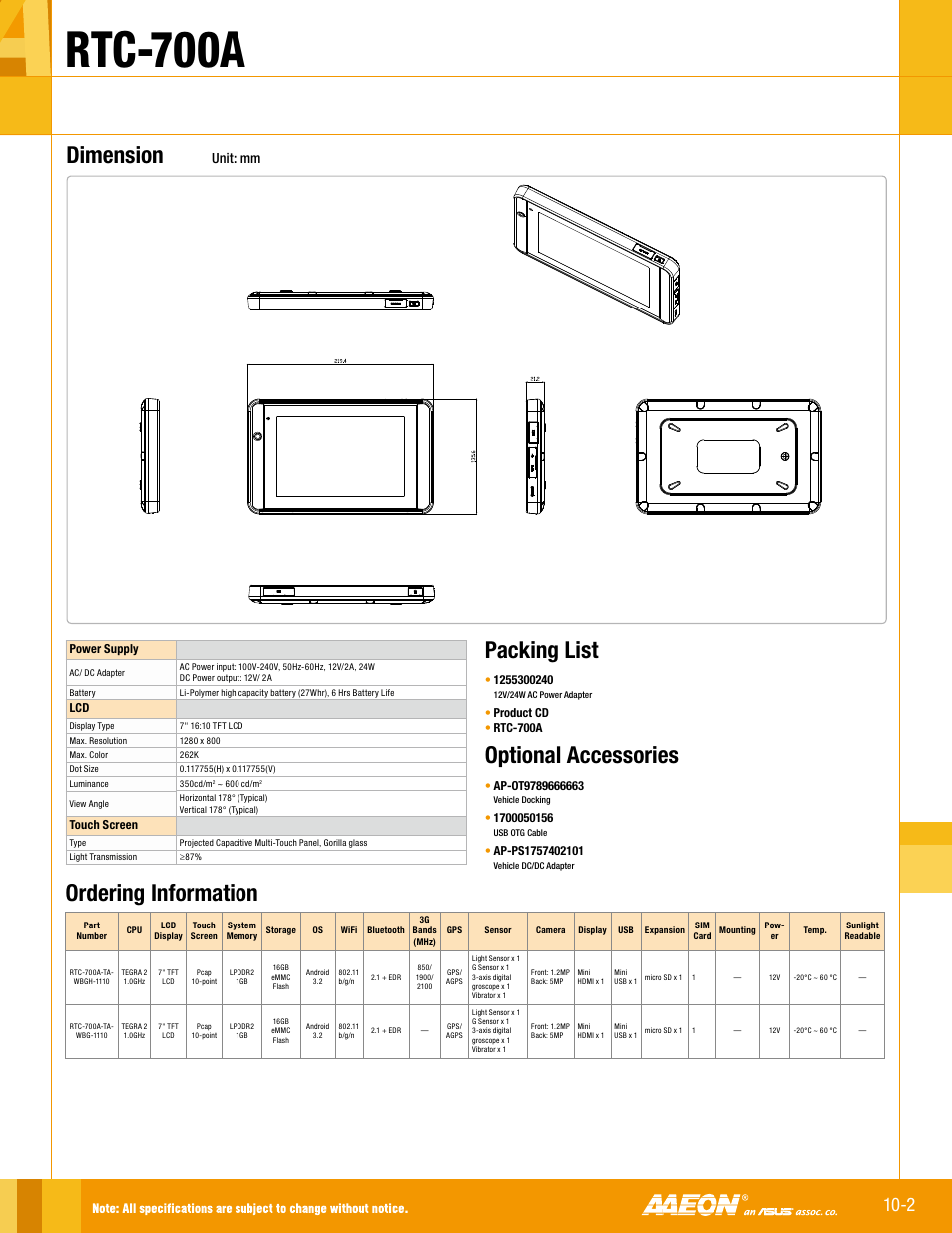 Rtc-700a, Ordering information, Packing list optional accessories | Dimension, Unit: mm | Impulse RTC-700A User Manual | Page 2 / 2