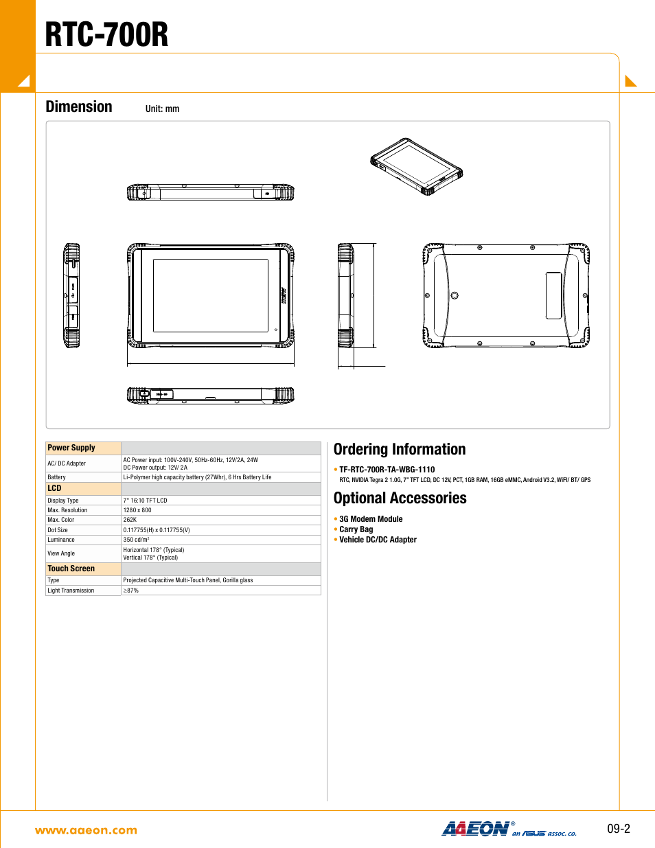 Rtc-700r, Ordering information optional accessories, Dimension | Impulse RTC-700R User Manual | Page 2 / 2