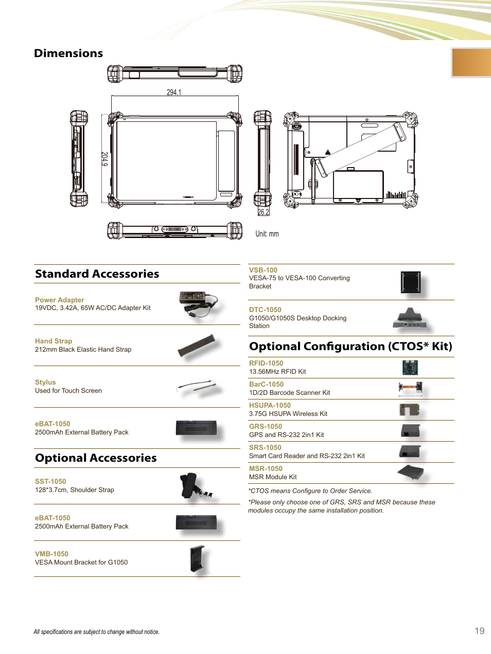 Dimensions, Optional configuration (ctos* kit), Standard accessories | Optional accessories | Impulse G1050 User Manual | Page 2 / 2