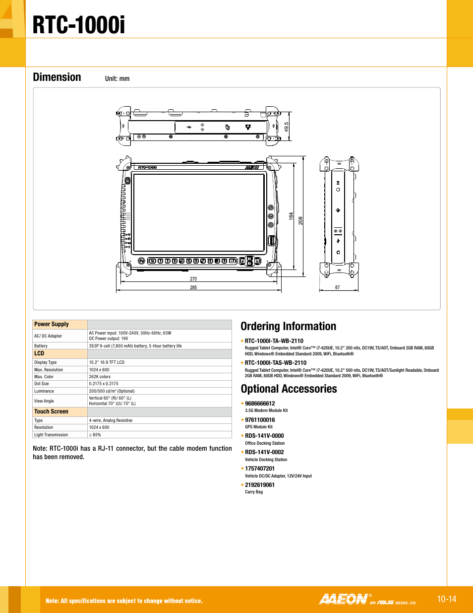 Rtc-1000i, Ordering information optional accessories, Dimension | Impulse RTC-1000i User Manual | Page 2 / 2