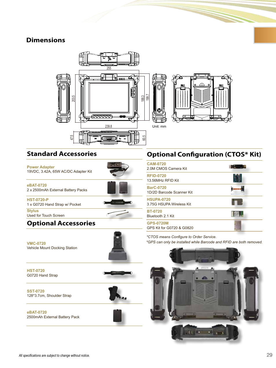 Standard accessories, Optional accessories, Optional configuration (ctos* kit) | Dimensions | Impulse G0820 User Manual | Page 2 / 2