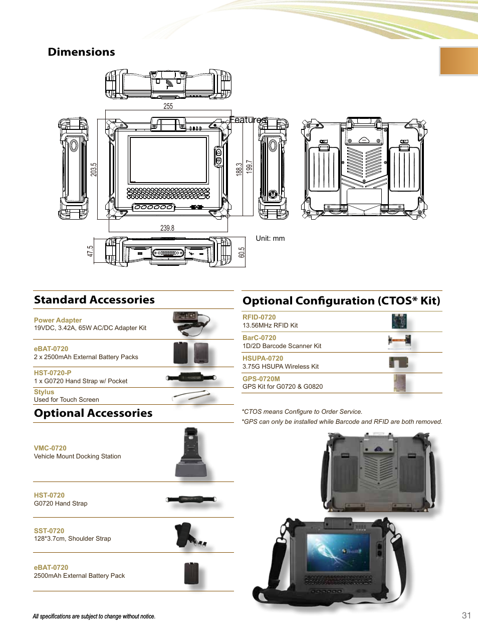 Standard accessories, Optional accessories, Optional configuration (ctos* kit) | Dimensions, Features | Impulse G0720 User Manual | Page 2 / 2