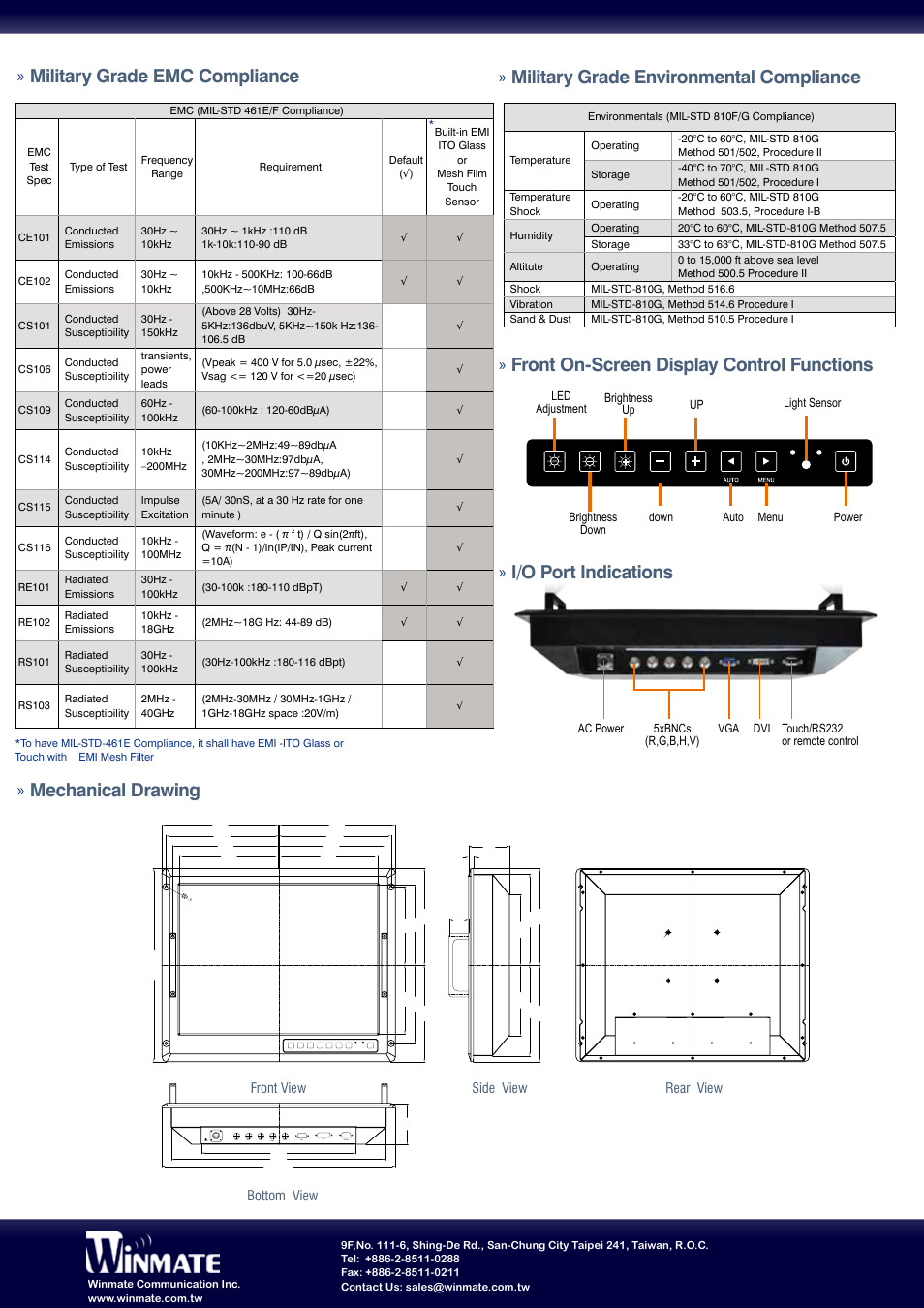 Mechanical drawing, I/o port indications, Military grade emc compliance | Front on-screen display control functions, Military grade environmental compliance | Impulse R20L100-RKA2ML User Manual | Page 2 / 2