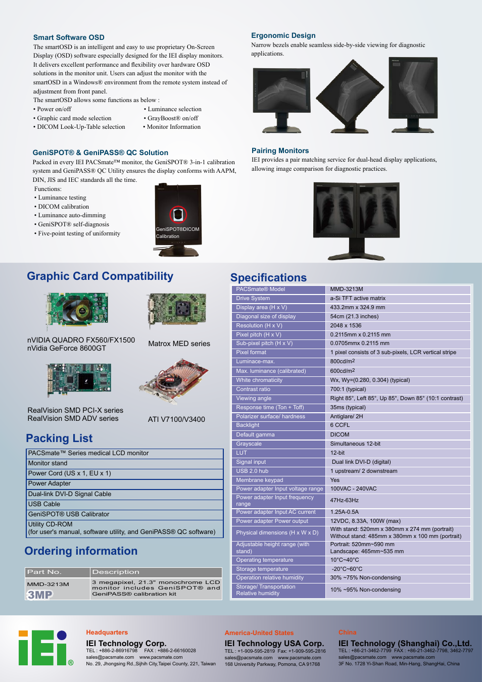 Graphic card compatibility packing list, Ordering information, Specifications | Iei technology corp, Iei technology usa corp, Iei technology (shanghai) co.,ltd | Impulse MMD-3213M User Manual | Page 2 / 2