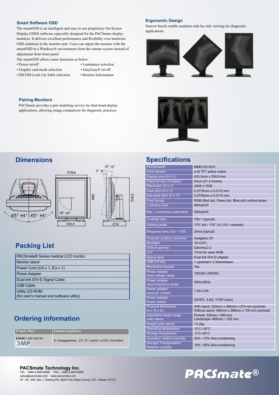 Dimensions packing list, Ordering information, Specifications | Pacsmate technology inc | Impulse MMD-3213CH User Manual | Page 2 / 2