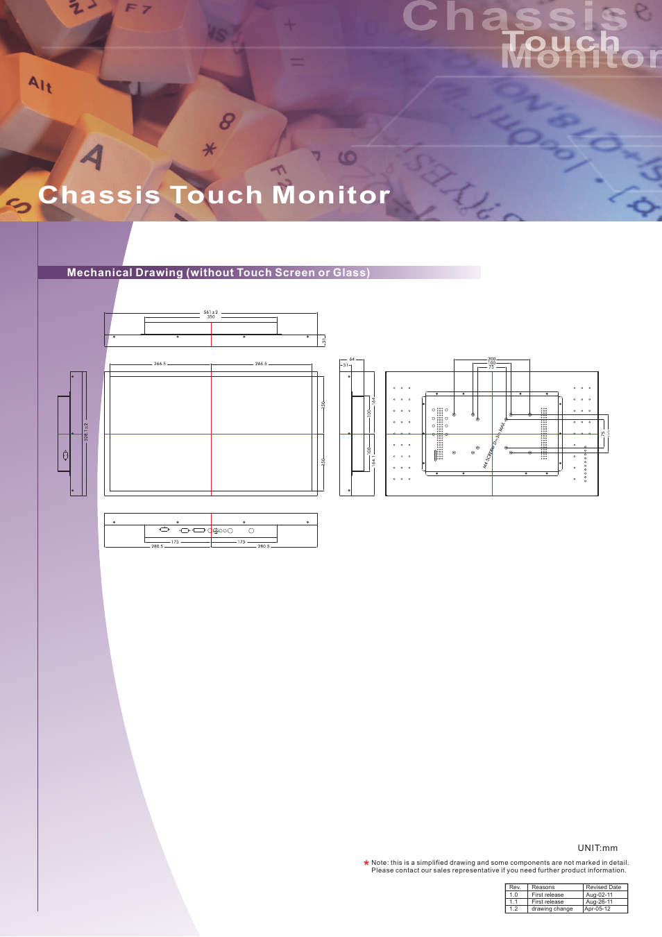 頁面 2, Chassis touch monitor, Mechanical drawing (without touch screen or glass) | Impulse W24L100-CHA1 User Manual | Page 2 / 2