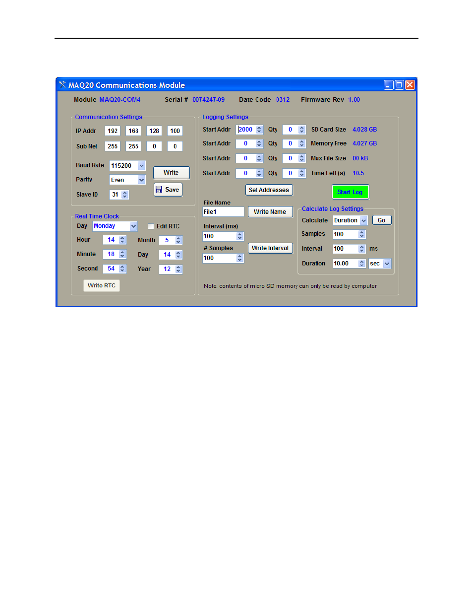 Communication settings, Real time clock, Logging settings | Impulse MAQ20-940 Configuration User Manual | Page 11 / 25