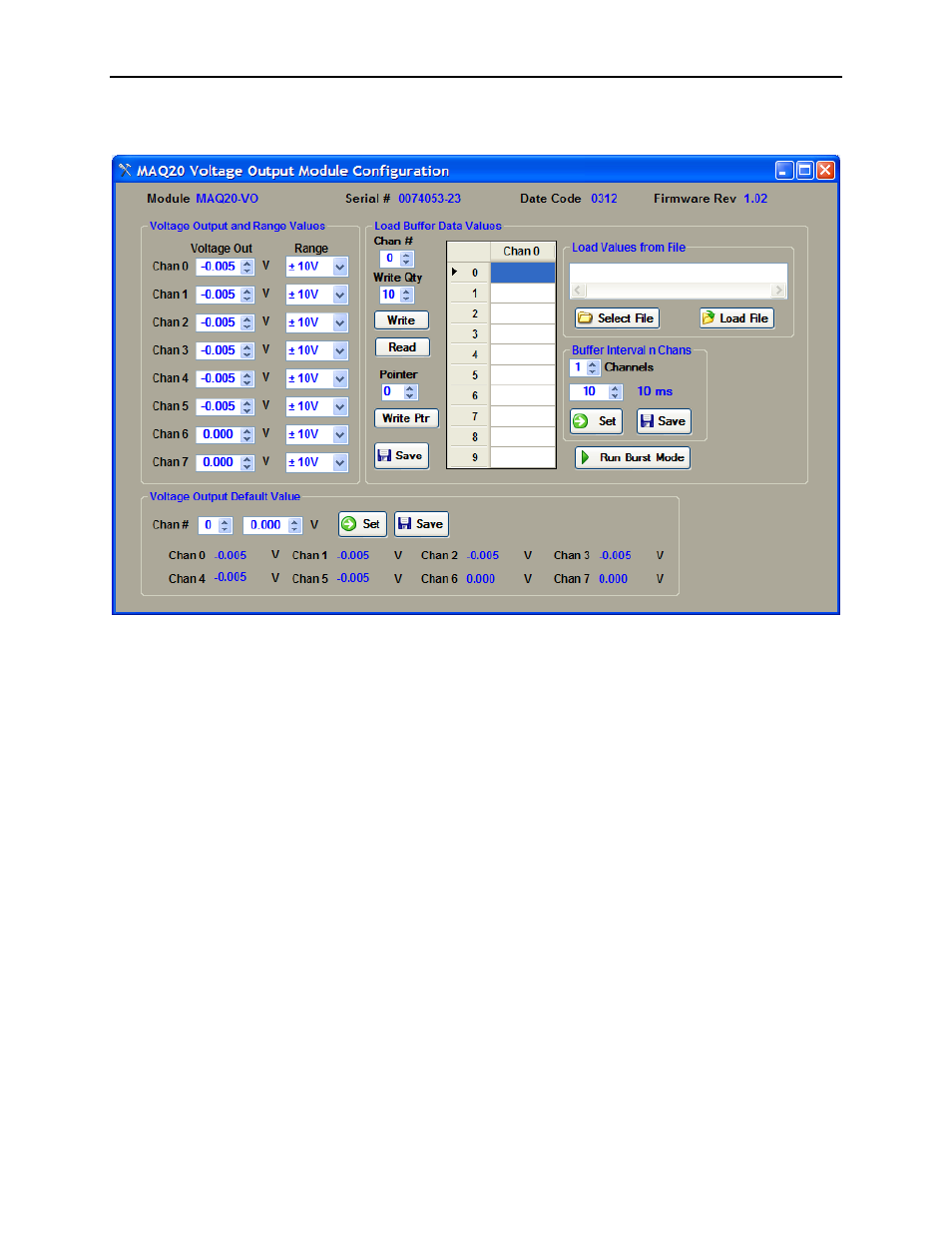 Voltage output and range values, Load buffer data values | Impulse MAQ20-940 Configuration User Manual | Page 16 / 25