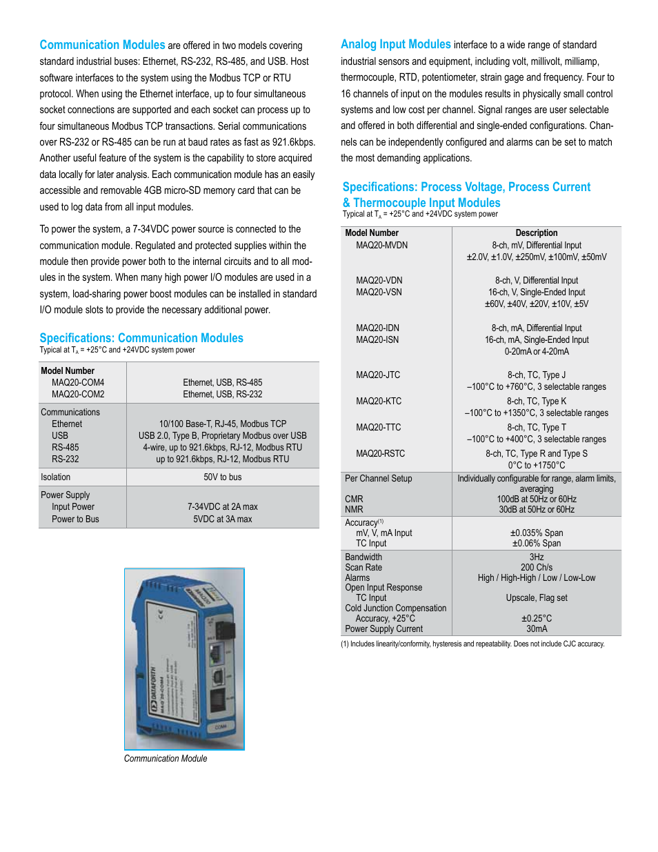 Communication modules, Specifications: communication modules, Analog input modules | Impulse MAQ20 User Manual | Page 3 / 8
