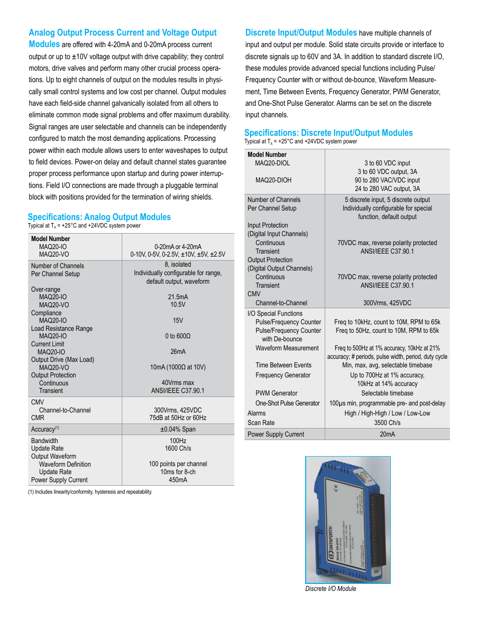 Discrete input/output modules, Specifications: analog output modules, Specifications: discrete input/output modules | Impulse MAQ20 User Manual | Page 5 / 8