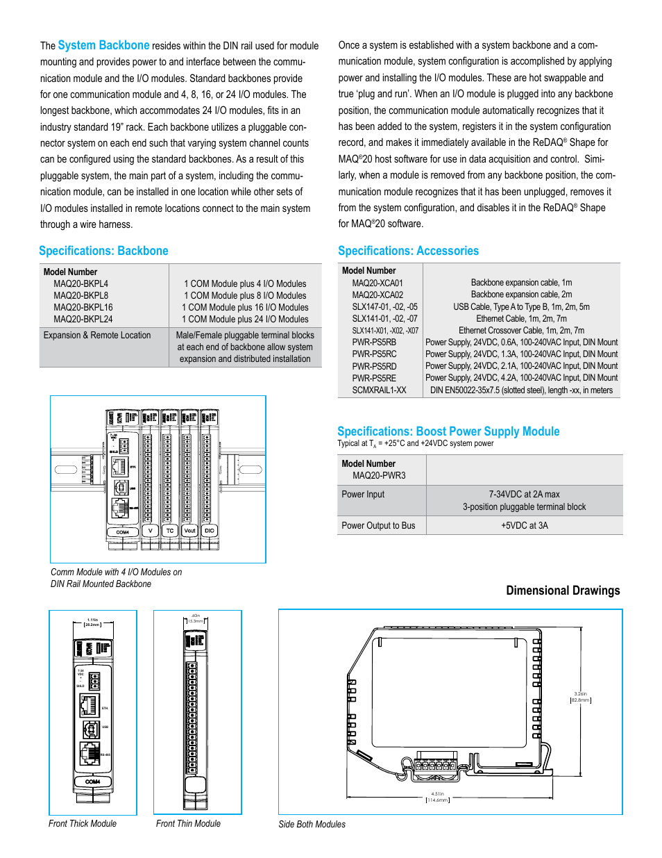 System backbone, Specifications: backbone, Specifications: accessories | Shape for maq, 20 software, Model number, Front thin module side both modules | Impulse MAQ20 User Manual | Page 6 / 8