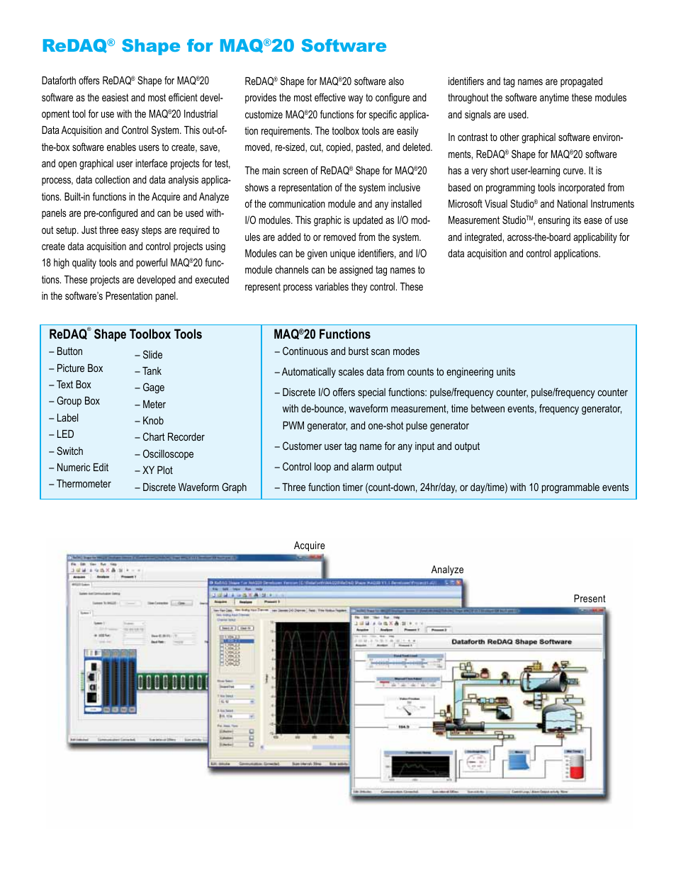 Shape for maq, 20 software, Redaq | Shape toolbox tools, 20 functions, Dimensional drawings | Impulse MAQ20 User Manual | Page 7 / 8