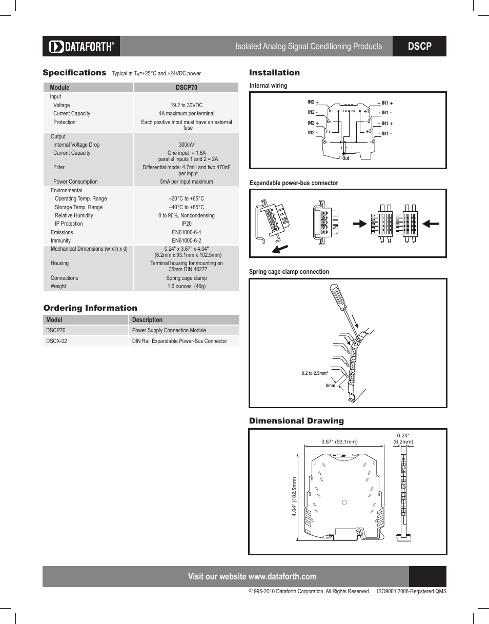 Dscp, Isolated analog signal conditioning products, Ordering information installation | Dimensional drawing specifications | Impulse DSCP70 User Manual | Page 2 / 2