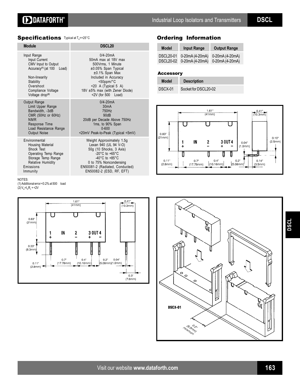 Dscl, Industrial loop isolators and transmitters, Dscl specifications | Ordering information | Impulse DSCL20 User Manual | Page 2 / 2