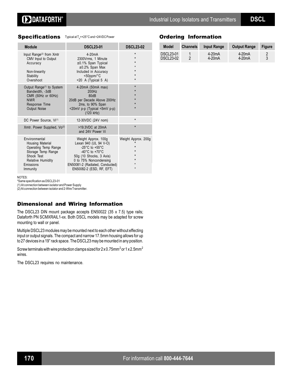 Dscl, Industrial loop isolators and transmitters, Specifications | Ordering information, Dimensional and wiring information | Impulse DSCL23 User Manual | Page 2 / 3