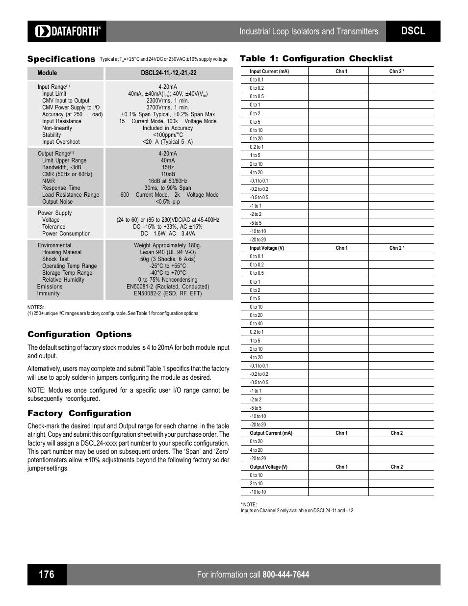 Dscl, Industrial loop isolators and transmitters, Specifications | Configuration options, Factory configuration, Table 1: configuration checklist | Impulse DSCL24 User Manual | Page 2 / 3