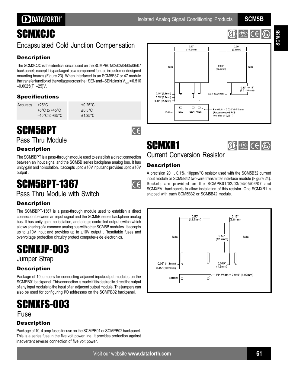 Scmxcjc, Scm5bpt, Scmxfs-003 | Scmxjp-003, Scmxr1, Encapsulated cold junction compensation, Pass thru module, Fuse, Jumper strap, Current conversion resistor | Impulse SCMPB01 User Manual | Page 16 / 18