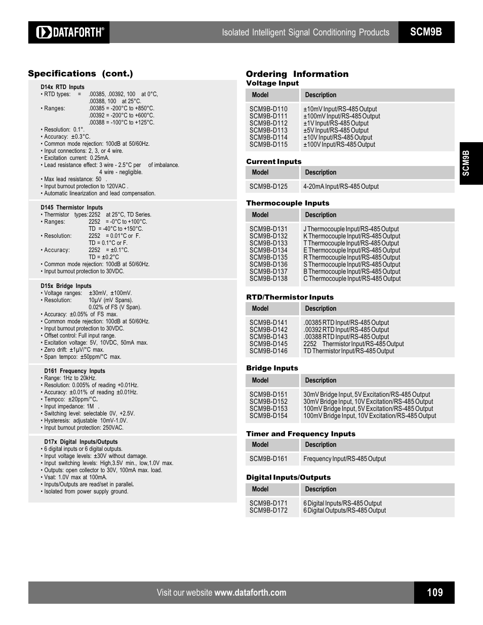 Scm9b, Isolated intelligent signal conditioning products, Scm9b specifications (cont.) | Ordering information | Impulse SCM9B-D100 Series User Manual | Page 3 / 3