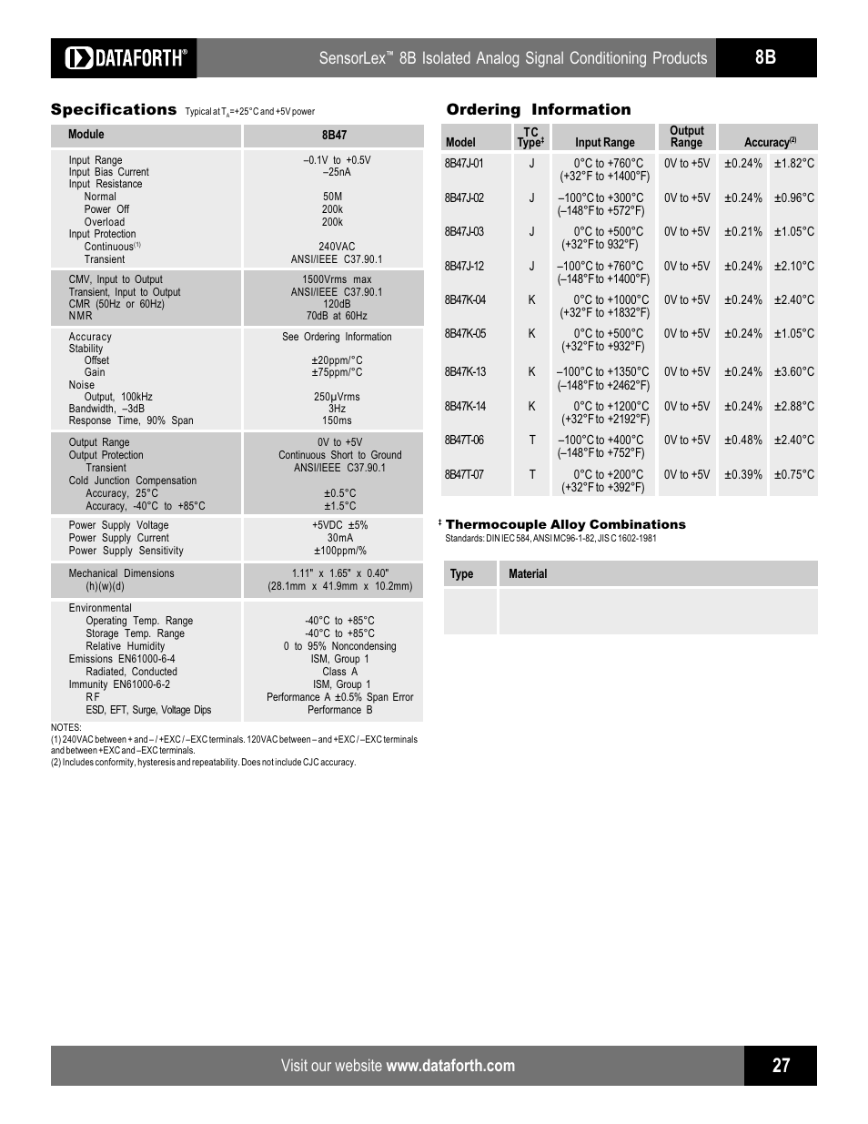 Sensorlex, 8b isolated analog signal conditioning products, Specifications | Ordering information | Impulse 8B47 User Manual | Page 2 / 2