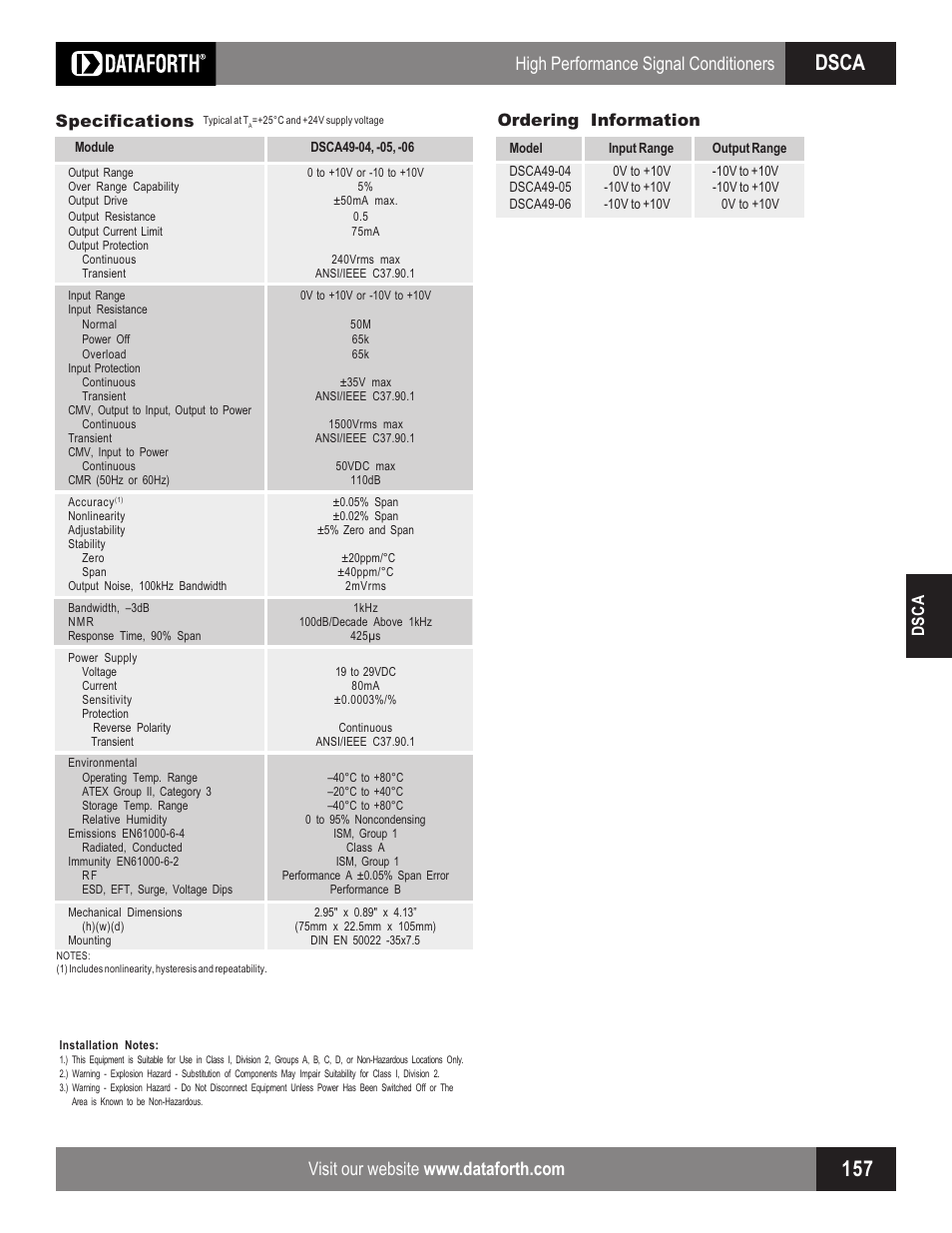 Dsca, High performance signal conditioners, Dsca specifications | Ordering information | Impulse DSCA49 User Manual | Page 2 / 2