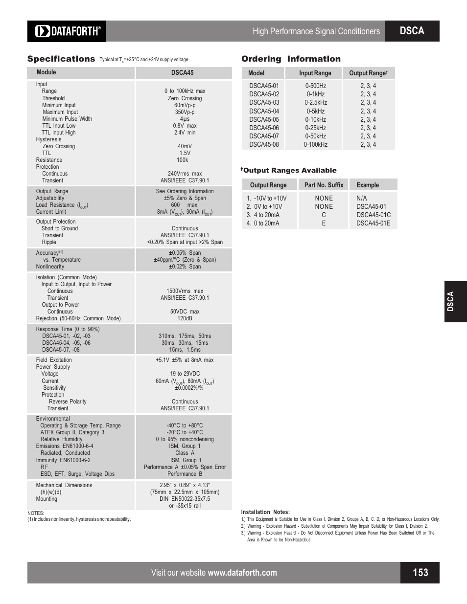 Dsca, High performance signal conditioners, Dsca specifications | Ordering information | Impulse DSCA45 User Manual | Page 2 / 2