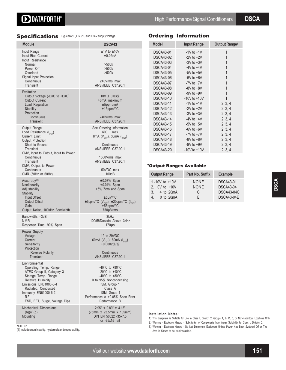 Dsca, High performance signal conditioners, Dsca specifications | Ordering information | Impulse DSCA43 User Manual | Page 2 / 2