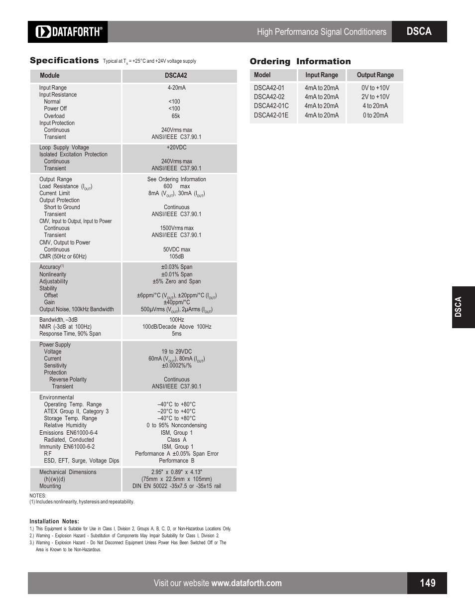 Dsca, High performance signal conditioners, Dsca specifications | Ordering information | Impulse DSCA42 User Manual | Page 2 / 2