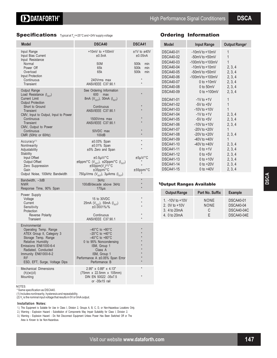 Dsca, High performance signal conditioners, Dsca specifications | Ordering information | Impulse DSCA40_41 User Manual | Page 2 / 2