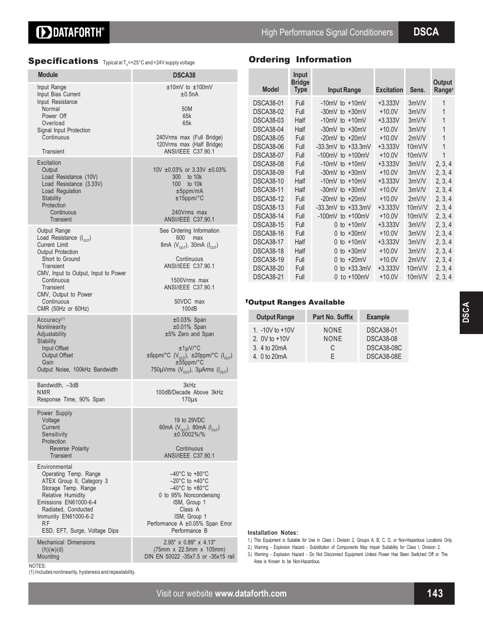 Dsca, High performance signal conditioners, Dsca specifications | Ordering information | Impulse DSCA38 User Manual | Page 2 / 2