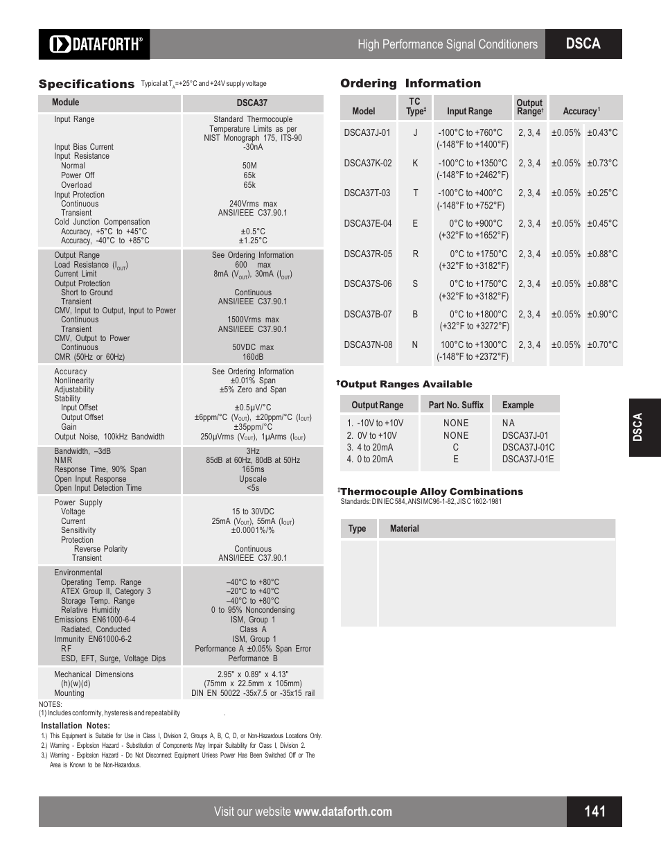 Dsca, High performance signal conditioners, Dsca specifications | Ordering information | Impulse DSCA37 User Manual | Page 2 / 2