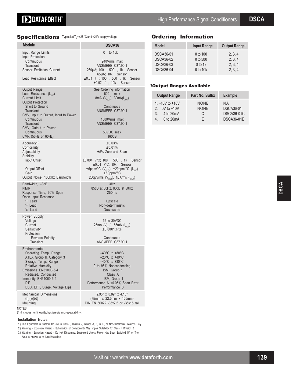 Dsca, High performance signal conditioners, Dsca specifications | Ordering information | Impulse DSCA36 User Manual | Page 2 / 2