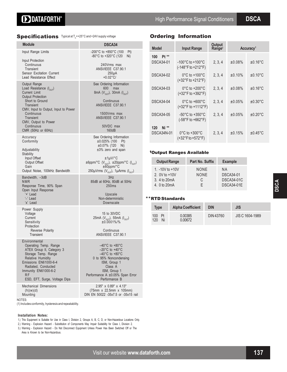 Dsca, High performance signal conditioners, Dsca specifications | Ordering information | Impulse DSCA34 User Manual | Page 2 / 2