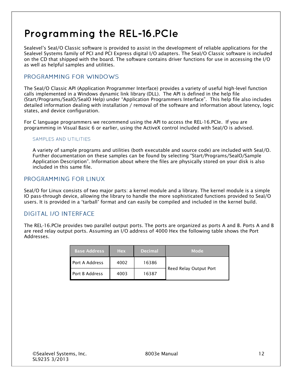 Programming the rel-16.pcie, Programming for windows, Programming for linux | Digital i/o interface | Impulse 8003e User Manual | Page 12 / 30