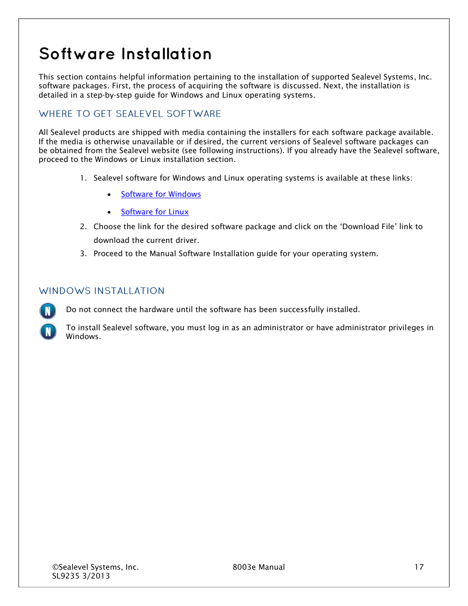 Software installation, Where to get sealevel software, Windows installation | Impulse 8003e User Manual | Page 17 / 30