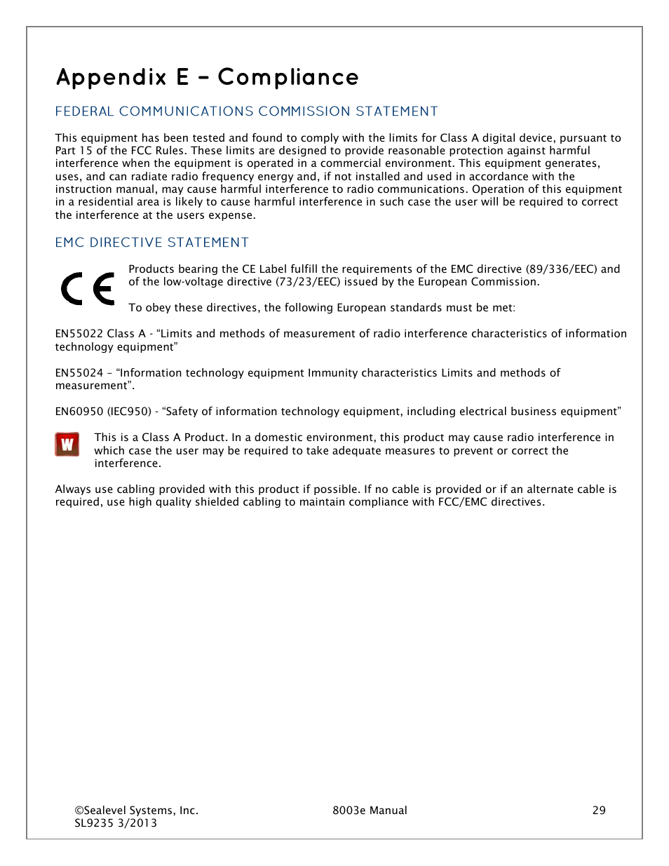 Appendix e – compliance, Federal communications commission statement, Emc directive statement | Impulse 8003e User Manual | Page 29 / 30