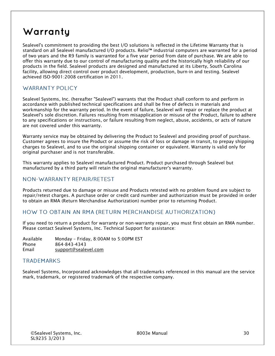 Warranty, Warranty policy, Non-warranty repair/retest | Trademarks | Impulse 8003e User Manual | Page 30 / 30