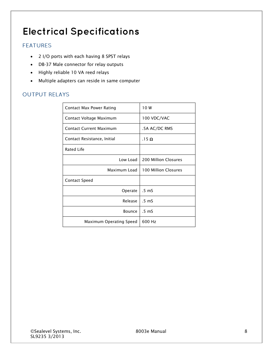 Electrical specifications, Features, Output relays | Impulse 8003e User Manual | Page 8 / 30