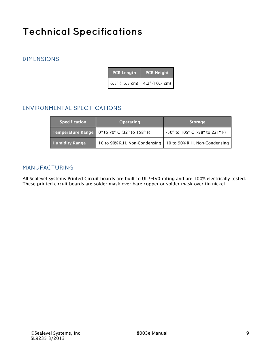 Technical specifications, Dimensions, Environmental specifications | Manufacturing | Impulse 8003e User Manual | Page 9 / 30