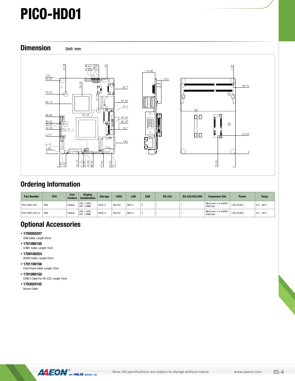 Pico-hd01, Dimension, Ordering information optional accessories | Unit: mm | Impulse PICO-HD01 User Manual | Page 2 / 2