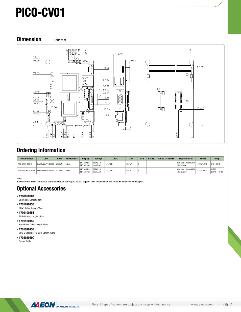 Pico-cv01, Dimension, Ordering information optional accessories | Unit: mm | Impulse PICO-CV01 User Manual | Page 2 / 2