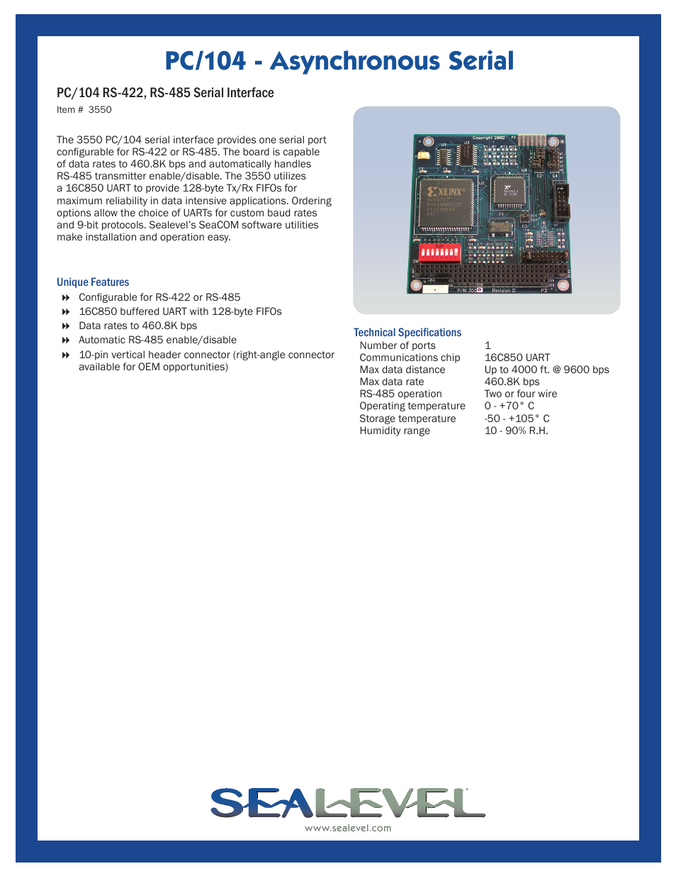 Impulse PC_104 RS‑422, RS‑485 Serial Interface (3550) User Manual | 1 page
