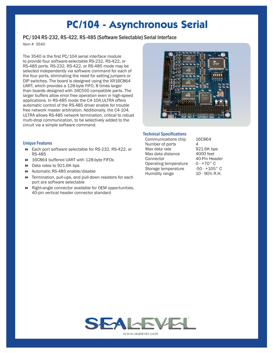 Impulse PC_104 RS‑232, RS‑422, RS‑485 (Software Selectable) Serial Interface (3540) User Manual | 1 page