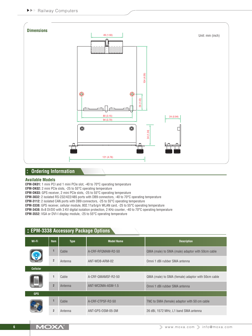 Ordering information, Epm-3338 accessory package options, Railway computers dimensions | Available models | Impulse V2400 Series Expansion Modules User Manual | Page 6 / 7