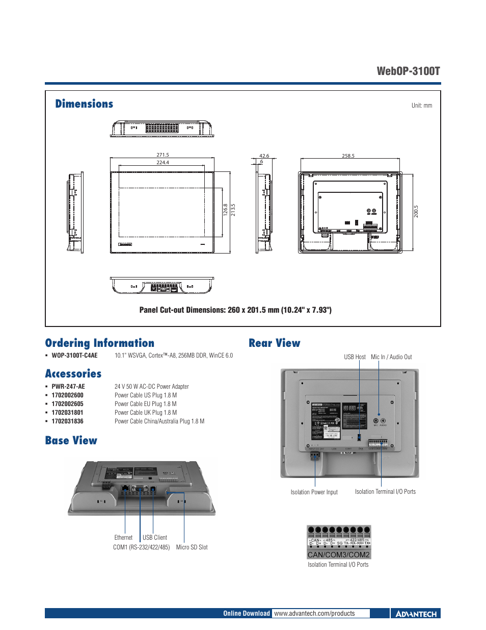 Dimensions, Webop-3100t, Rear view ordering information | Accessories, Base view | Impulse WebOP-3100T User Manual | Page 2 / 2