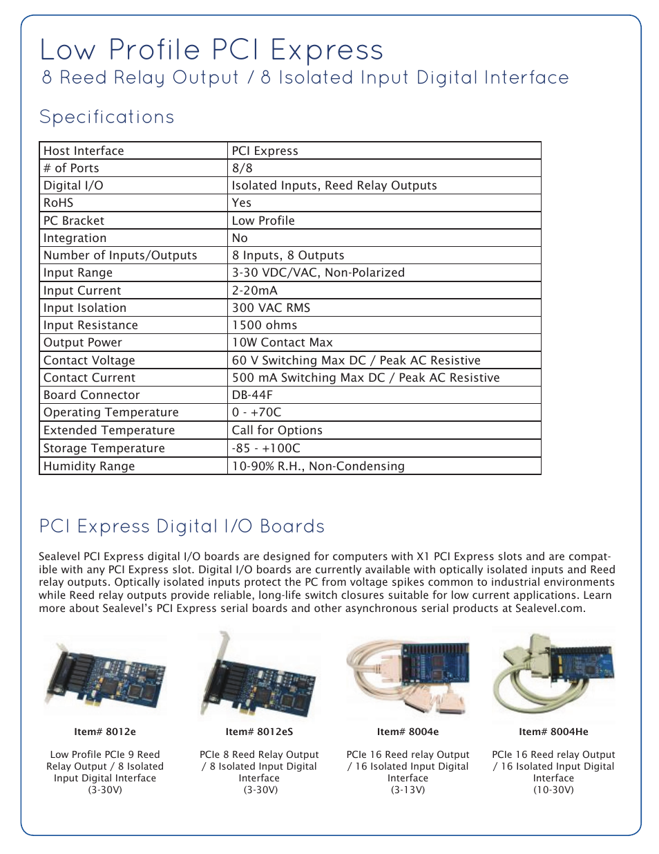 Low profile pci express, Specifications, Pci express digital i/o boards | Impulse 8012eS User Manual | Page 2 / 2