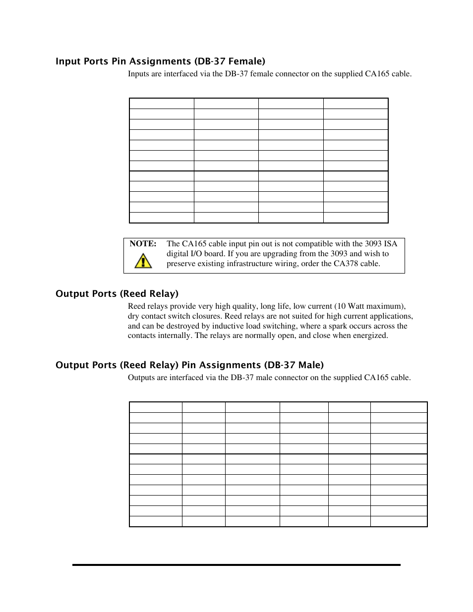 Input ports pin assignments (db-37 female), Output ports (reed relay), Nput | Orts, Ssignments, Db-37, Emale, Utput, Elay | Impulse 8004e User Manual | Page 16 / 28