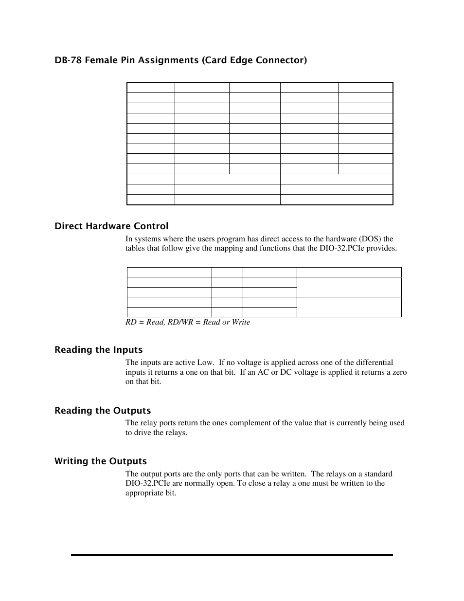 Db-78 female pin assignments (card edge connector), Direct hardware control, Reading the inputs | Reading the outputs, Writing the outputs, Db-78, Emale, Ssignments, Onnector, Irect | Impulse 8004e User Manual | Page 17 / 28