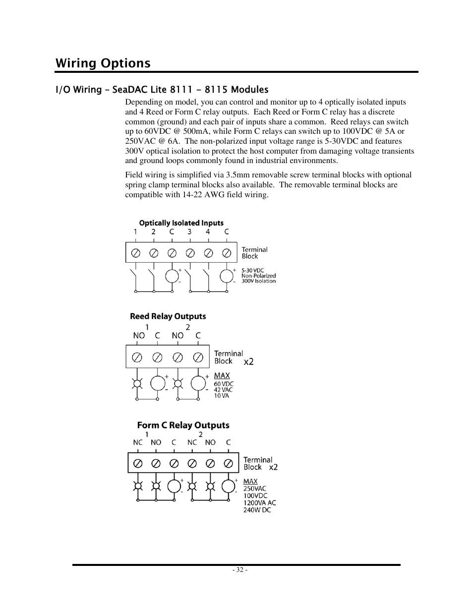 Wiring options, I/o wiring – seadac lite 8111 - 8115 modules, Iring | Odules | Impulse 8126 User Manual | Page 34 / 42