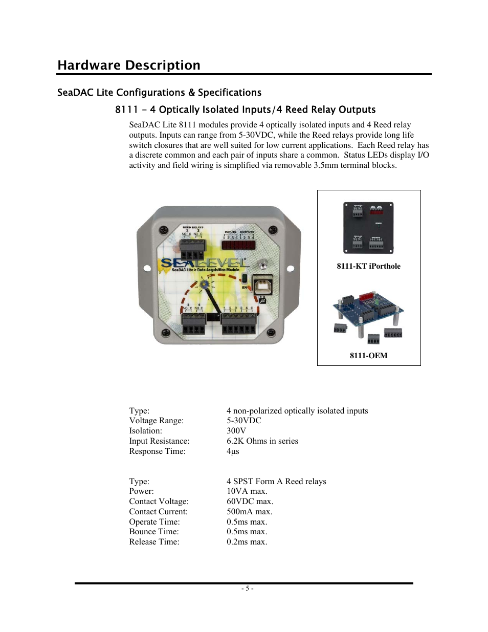 Hardware description, Seadac lite configurations & specifications, Onfigurations | Pecifications | Impulse 8126 User Manual | Page 7 / 42